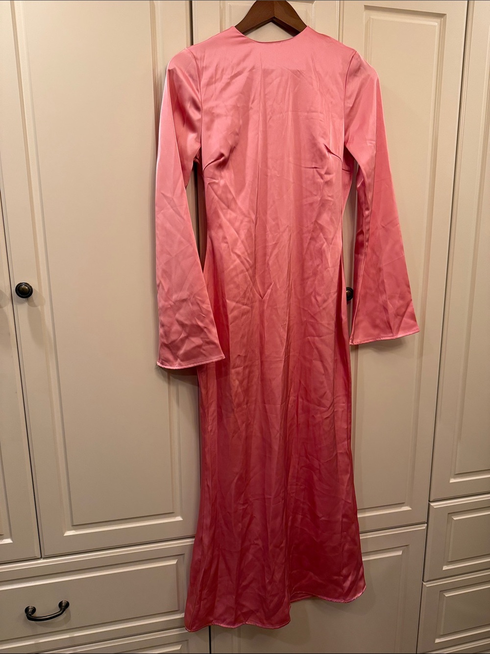 Pink Satin Long Sleeve Maxi Dress